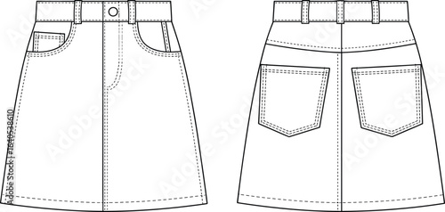 Denim skirt flat sketch, front and back view, women’s casual fashion clothing design, A-line mini skirt with pockets technical vector illustration