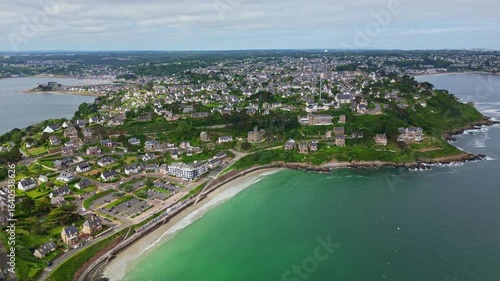 Wallpaper Mural Perros-Guirec coastal town, Pointe du Chateau headland, Plage de Trestignel beach, Brittany, France. Aerial backward Torontodigital.ca
