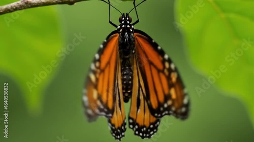A miraculous time-lapse of a monarch butterfly emerging from its chrysalis and unfurling its wings, symbolizing transformation and rebirth.