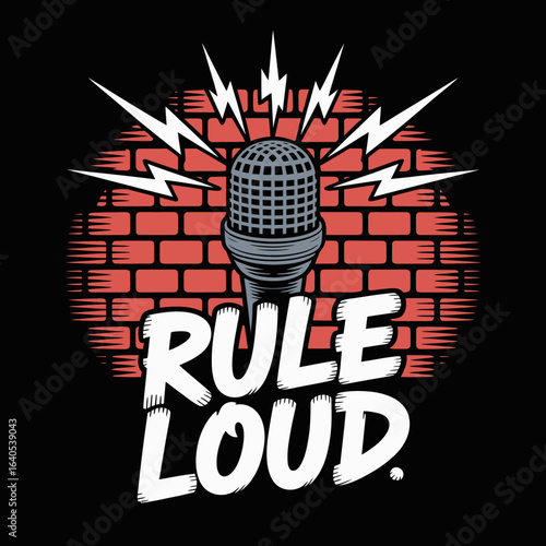 Dynamic retro microphone with 'rule loud' text and electric lightning bolts on brick wall texture for music events and performances vector