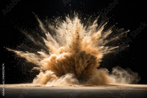Explosion of sand and dust against a dark background