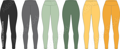 Set of colorful women’s leggings in black, gray, green, yellow, high waist fitness pants front view design, flat vector illustration