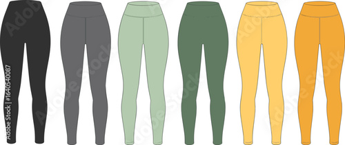 Collection of women’s high waist leggings in multiple colors, front view fashion sportswear design template for fitness and yoga, flat vector illustration