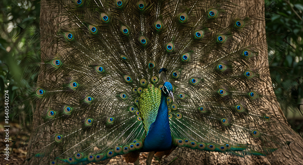 Obraz premium Vibrant peacock displaying its colorful tail feathers in lush forest
