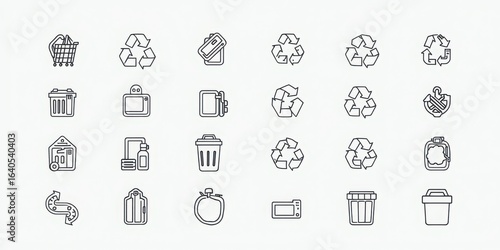 Collection of outline icons depicting recycling, shopping, and various household objects on white