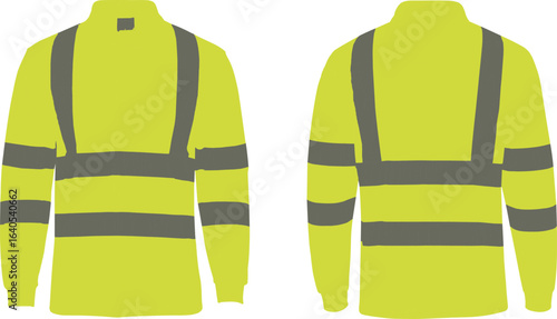 High visibility safety jacket front and back view with reflective stripes for construction workwear and protective clothing, flat vector illustration