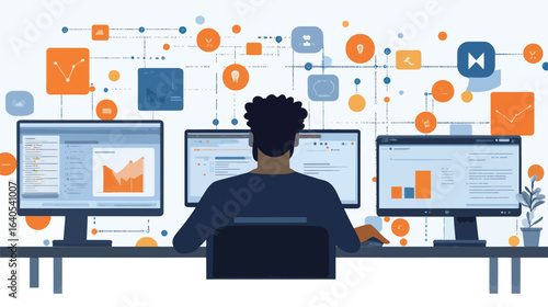 A man is sitting in front of three computer monitors, working on a project. The monitors are all displaying different graphs and charts. Concept of focus and productivity