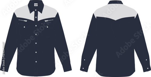 Western style long sleeve denim shirt front and back view with contrast yoke design for fashion apparel template in flat vector illustration