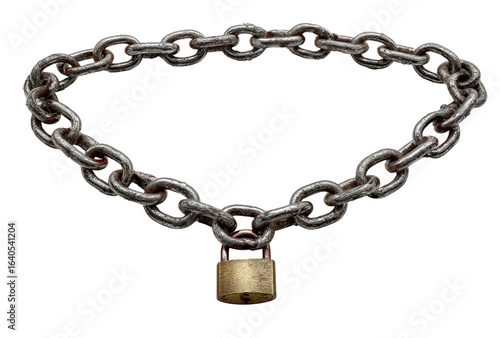 Heavy metal chain with a padlock, symbolizing security and restriction, isolated on transparent background