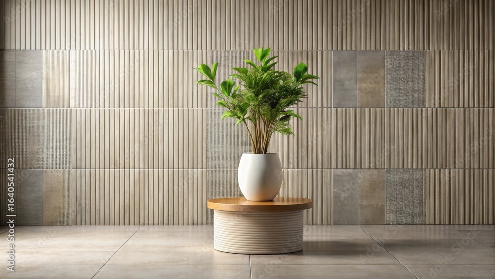 Fototapeta premium Serene Minimalist Interior Design Featuring Textured Walls and a Lush Green Plant on a Stylish Side Table
