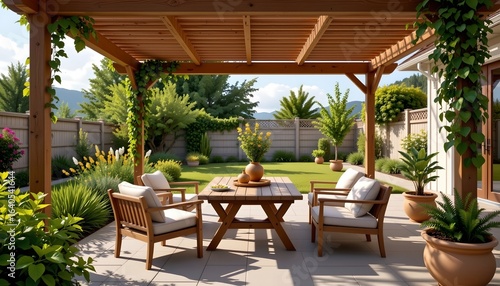 Tranquil Patio with Wooden Table and Lush Foliage