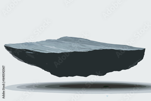 A large rock is floating in the air. The rock is black and has a rough texture. It is floating on a white background