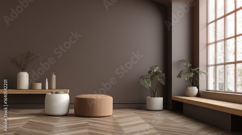 Modern, minimalist, neutral-toned living room with a warm, inviting ambiance.  Wooden furniture, plants, and a large window