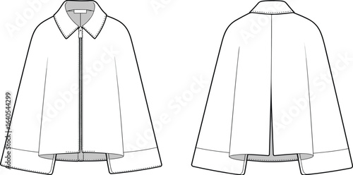 Cape coat flat fashion template front and back view, wide sleeve outerwear design with pointed collar and zipper closure, flat vector illustration