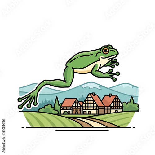 Leaping frog over a quaint village