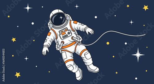 Cartoon astronaut in a spacesuit floating in the starry cosmos. Spacewalk exploration in outer space.