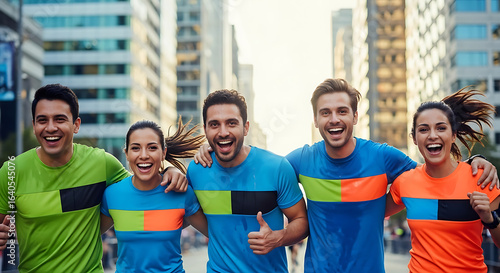 Joyful group of diverse friends celebrating together after a city marathon, smiling and embracing