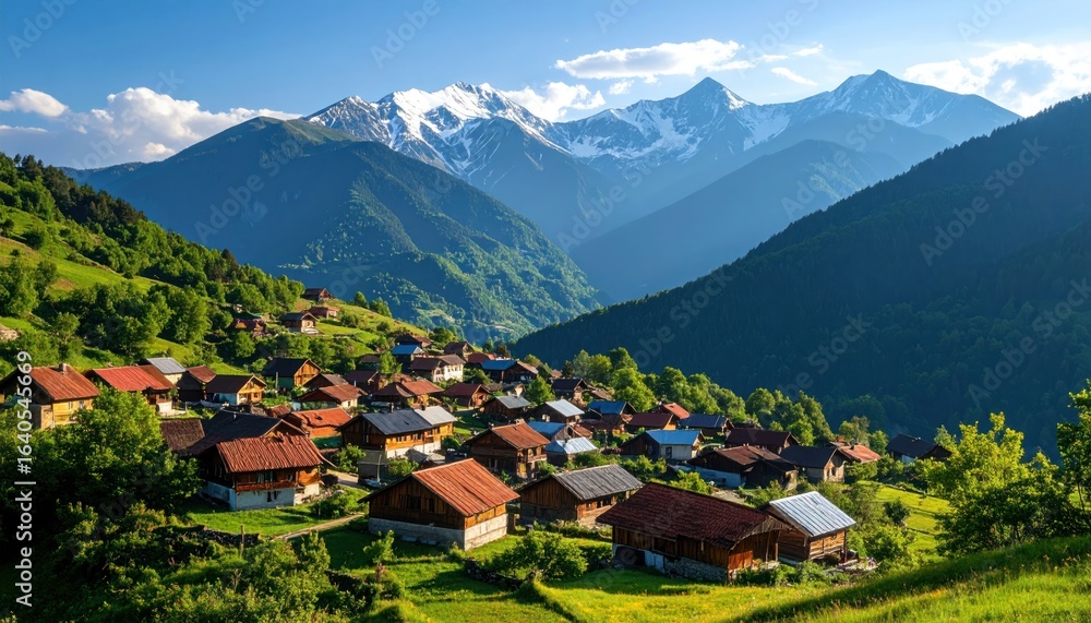 Obraz premium Scenic mountain village with snowcapped peaks and green landscape.