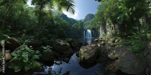 Waterfall adventure in lush jungle 360 degree hdr