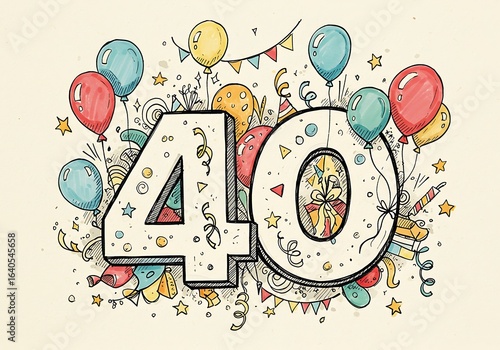 Handdrawn birthday 40 celebration with confetti