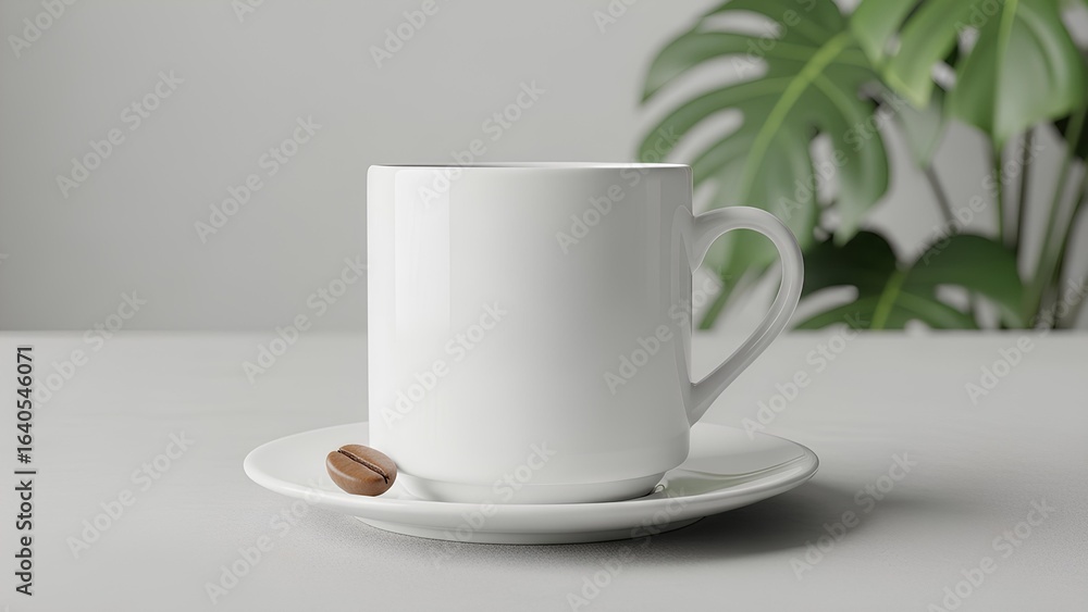 Obraz premium Stylish white ceramic coffee mug on saucer with coffee bean studio shot