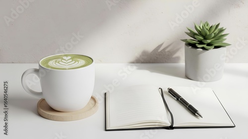 Matcha Latte Drink with Notebook and Pen on White Desk for Relaxing Work