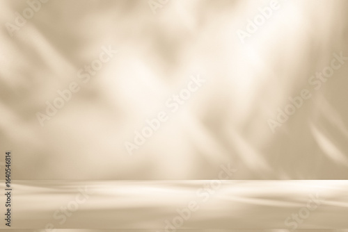 Wall interior background, studio and backdrops show products. with leaf shadow from window color beige and white. background for text insertion and presentation of product	