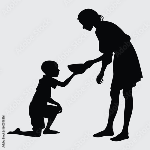 Silhouette of Woman Giving Food to Kneeling Hungry Child – Charity and Humanity Illustration