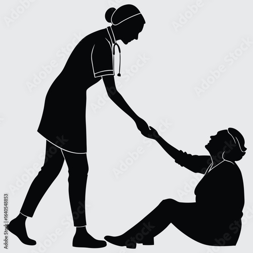 Silhouette of Nurse Helping Elderly Woman Stand Up – Compassionate Healthcare Concept