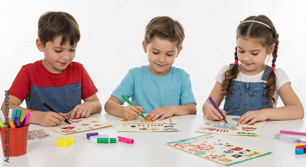 Fototapeta premium 笑顔輝く子供たち 創造力豊かに描く 明るい色彩 水彩画風イラスト. AI Generated