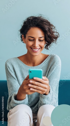 Wallpaper Mural Joyful Young Woman Using Phone at Home Authentic Digital Connection for Millennial Lifestyle Social Media and Marketing Campaigns Torontodigital.ca