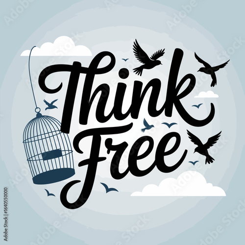 Inspirational message think free with a birdcage opening and birds flying into the sky symbolizing freedom and liberation from constraints