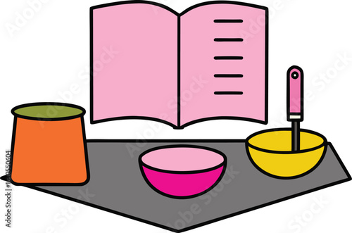 open cookbook beside measuring cups on counter on transparent background