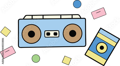 retro cassette player beside scattered tapes on transparent background