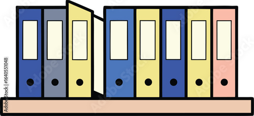 shelf of neatly arranged pastel storage binders on transparent background