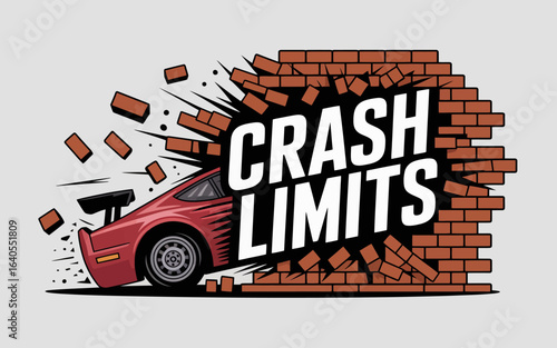 Red sports car dramatically crashes through a brick wall with the words crash limits emblazoned on the debris illustrating concepts of breaking boundaries and exceeding expectations