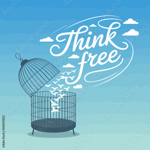 Open birdcage with birds flying out towards a sky with the words think free written in clouds symbolizing freedom and new beginnings
