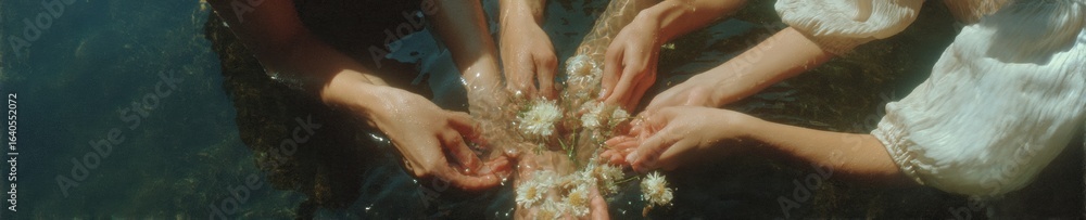 Fototapeta premium Authentic Group of Women Releasing Flowers on River Water Premium Natural Wellness Ritual for Mindfulness Social Media and Lifestyle Campaigns