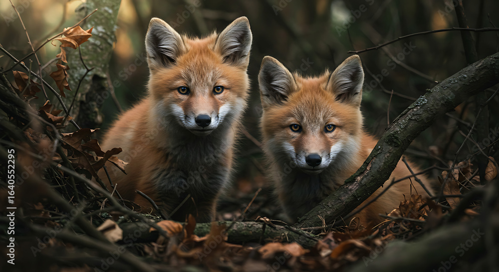 Obraz premium Two Fox Kits Resting Amid Forest Fallen Leaves and Twigs
