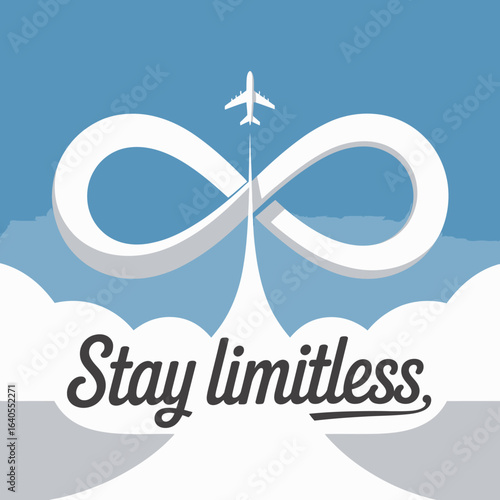An airplane flies through a stylized infinity symbol formed by clouds against a bright blue sky symbolizing limitless possibilities and travel