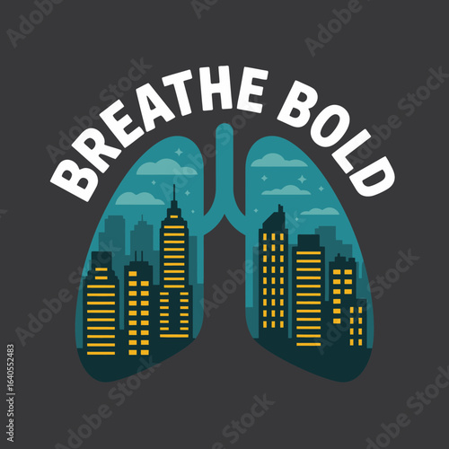 Artistic illustration of human lungs filled with a cityscape at night symbolizing breathing in the urban environment and the concept of breathing bold