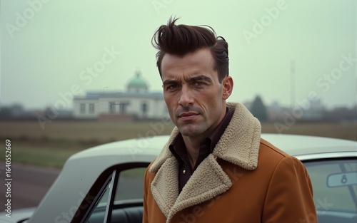 A man with a vintage pompadour hairstyle, dressed in a retro jacket and standing confidently by a classic car. High quality