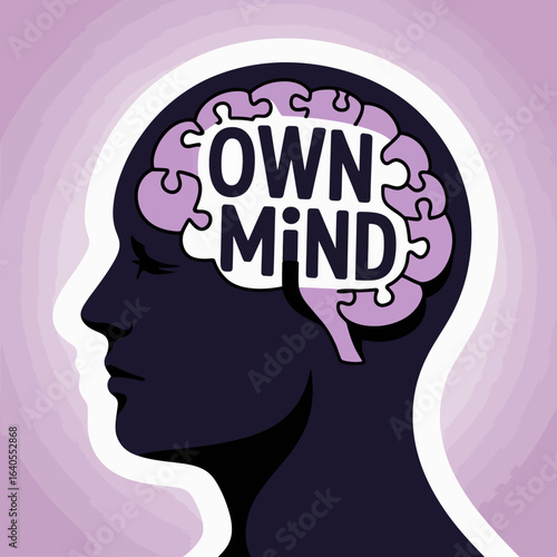 Illustration of a human head profile with a brain depicted as puzzle pieces inside featuring the words own mind in the center symbolizing thought and individuality