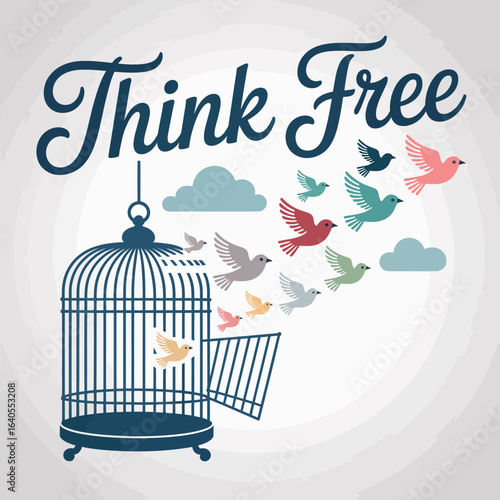 A vintage blue birdcage with an open door and a flock of colorful birds flying out towards the sky and clouds with the inspirational phrase think free written above
