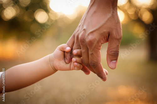 Close up of a parent holding a childs hand, symbolizing love, care, and connection outdoors at sunset