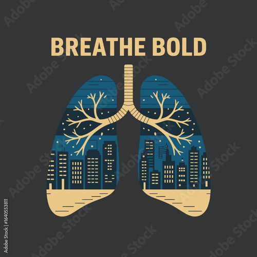 Abstract representation of human lungs filled with a cityscape at night symbolizing the impact of urban environments on respiratory health and the call to breathe boldly