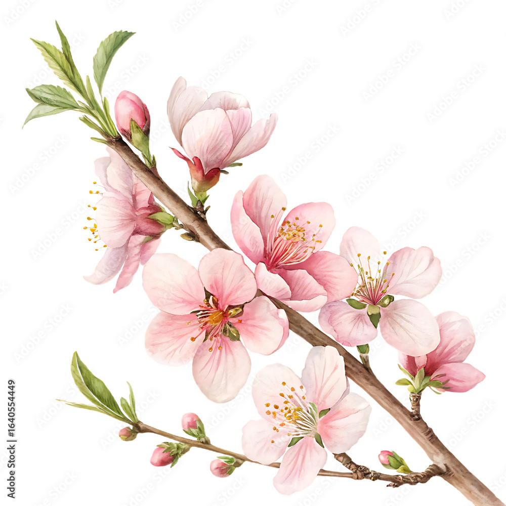 Obraz premium Delicate pale pink blooming almond tree flowers with green leaves and buds on a dark black background a beautiful spring floral branch in soft focus perfect for nature and beauty themes