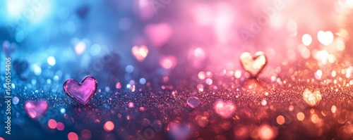 Blue and pink glitter lights in a vintage style, creating a dreamy, festive atmosphere with heart-shaped bokeh effects, Generative AI