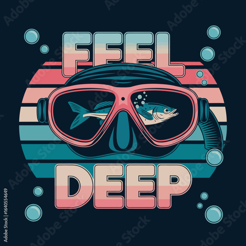 Retro sunset stripes behind diving mask with shark reflection and feel deep text for ocean adventure and underwater exploration