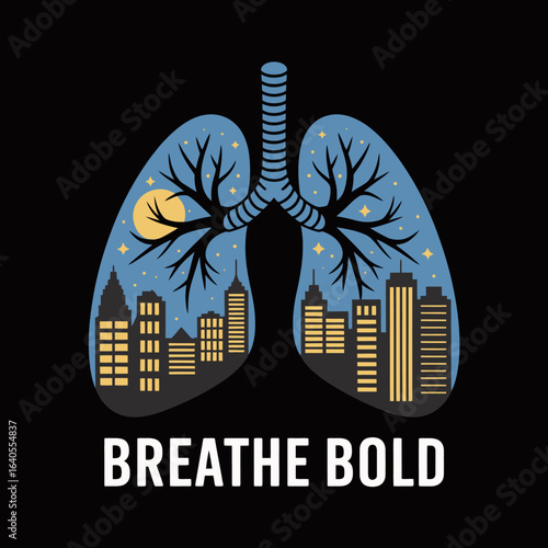 Artistic representation of human lungs filled with a vibrant cityscape at night under a full moon symbolizing urban breathing and life